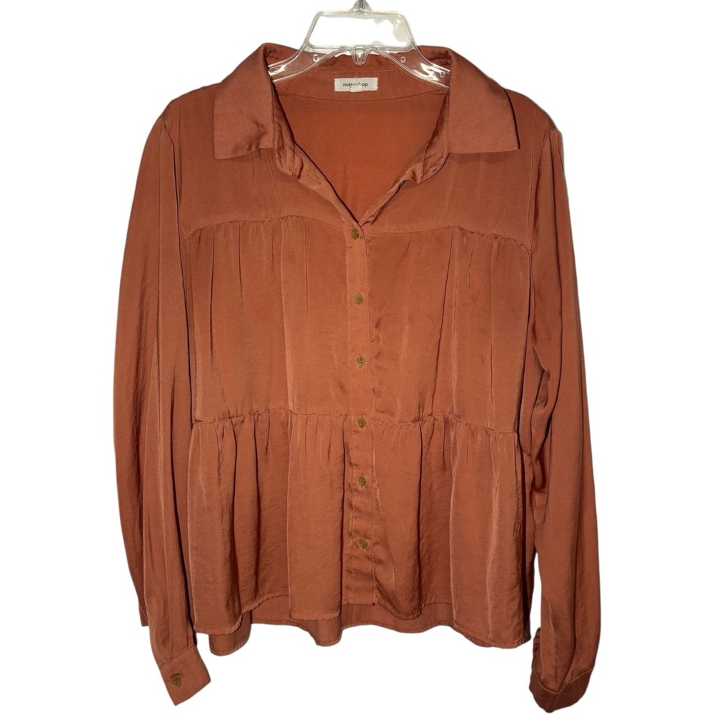Mittoshop Rust Button-Up Blouse Collared Peplum Tiered Ruffle‎